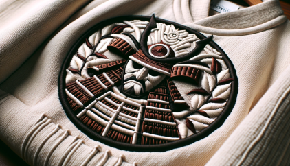 DALL·E 2023-10-22 11.00.21 - Wide image highlighting the detailed craftsmanship in fashion. Depict embroidery and stitching weaving together to form an emblematic design of Komi's